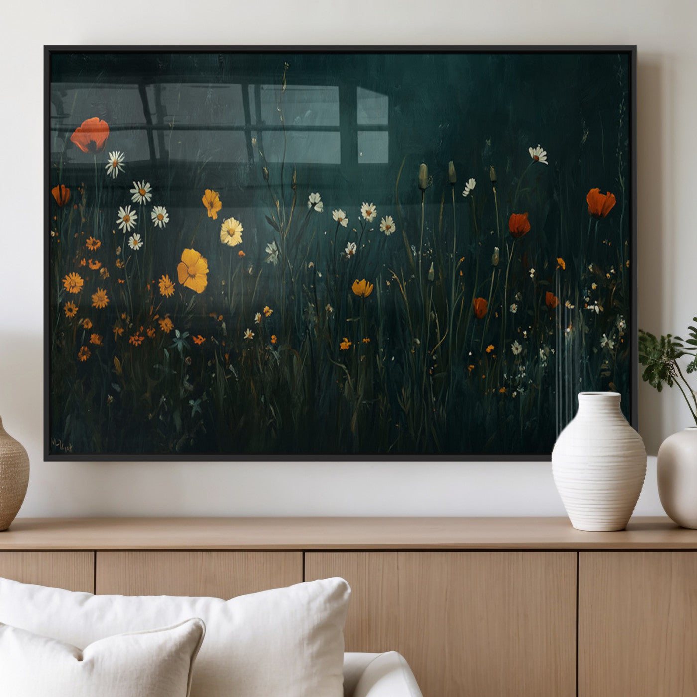 MGV-FP-60X30-3P - Framed Wildflower Field Wall Art, Framed Vintage Botanical Landscape Sign, Floral Decor, Modern