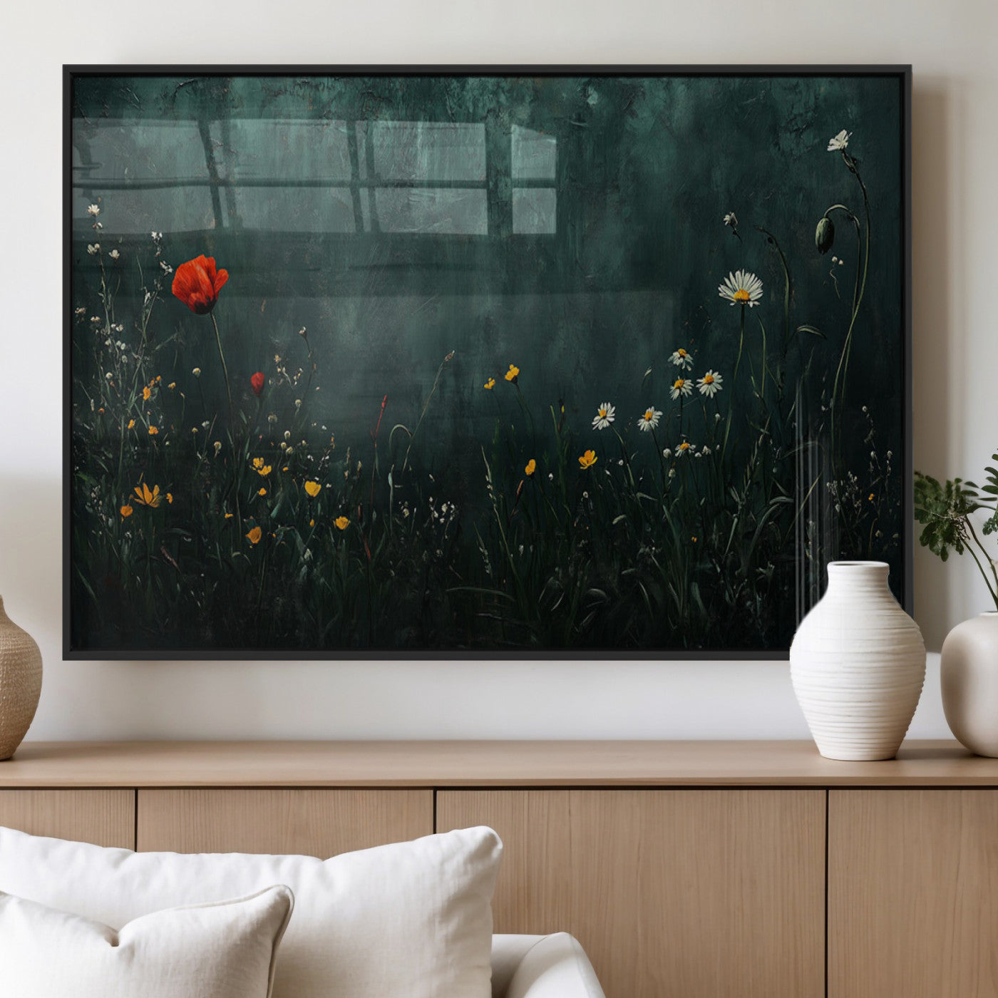 MGV-FP-60X30-3P - Wildflower Field Framed Wall Art, Vintage Botanical Landscape Sign, Botanical Wall Art, Modern