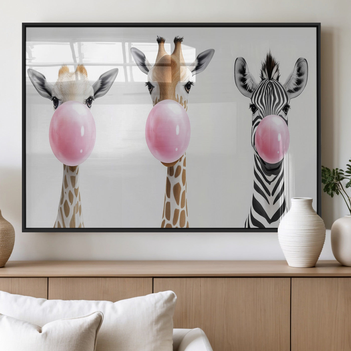 MGV-FP-60X30-3P - Bubblegum Animals Canvas Wall Art - Playful Giraffe and Zebra Trio, Fun Nursery Decor for Kids'