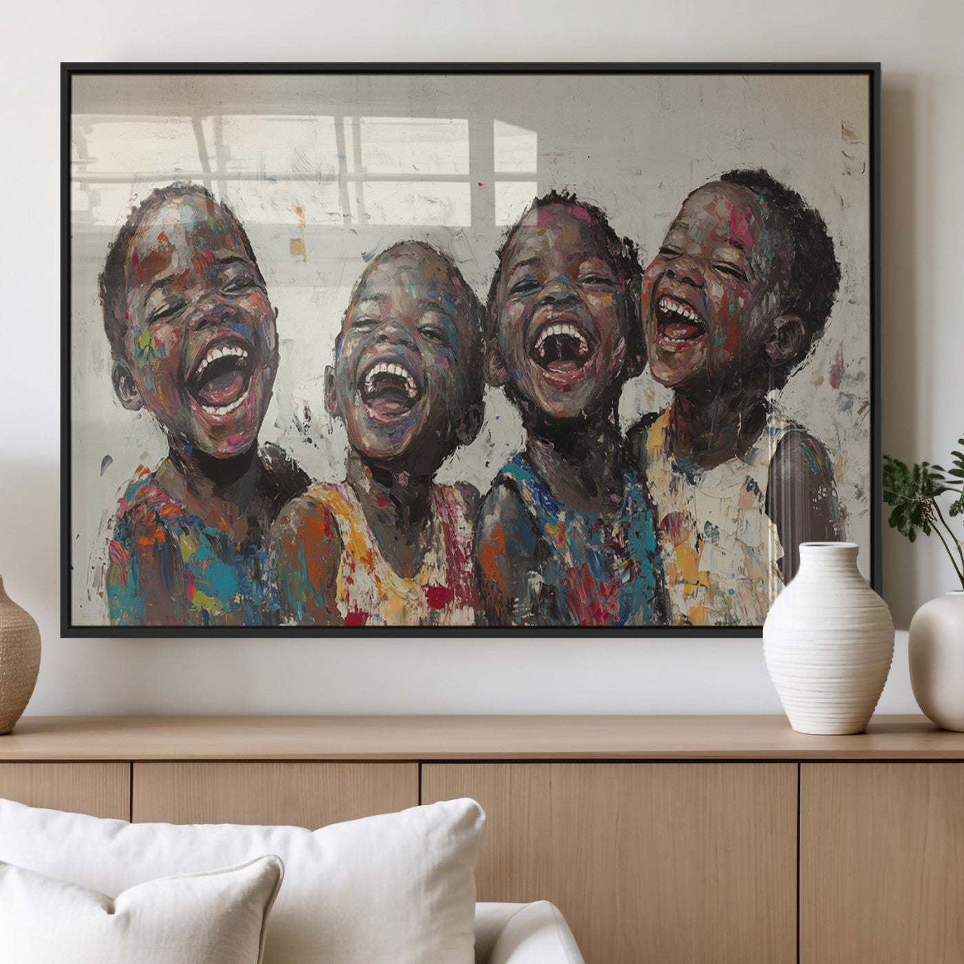 85256-MGV-FP-36X24-3P_Black-Shai Yossef Print - Joyful Childhood Canvas Wall Art - Expressive Impasto Painting of Laughing