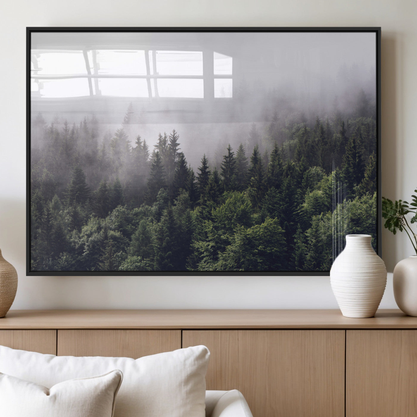 MGV-FP-60X30-3P - Misty Forest Wall Art | Foggy Forest Canvas Print | Large Nature-Inspired Misty Tree Landscape for