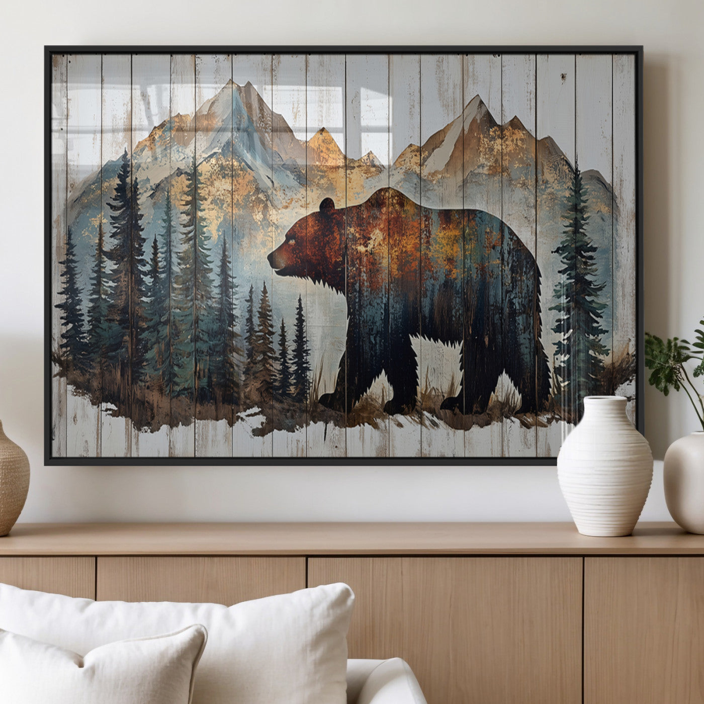 55777-MGV-FP-60X30-3P_Black-Rustic Grizzly 399 Bear and Mountain Wood Canvas Wall Art - Framed Nature Artwork with Forest