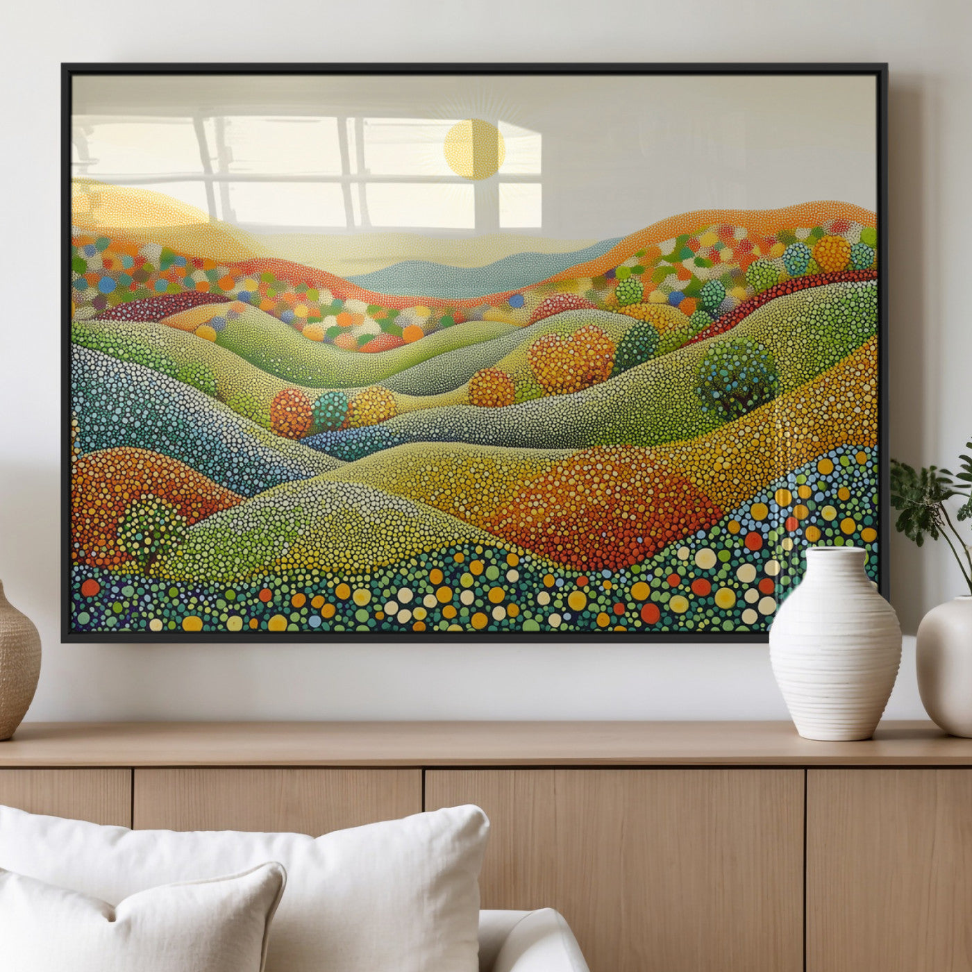 MGV-FP-60X30-3P - YAYOI KUSAMA Colorful Dot Art Landscape Canvas - Framed Abstract Pointillism Inspired by Nature with