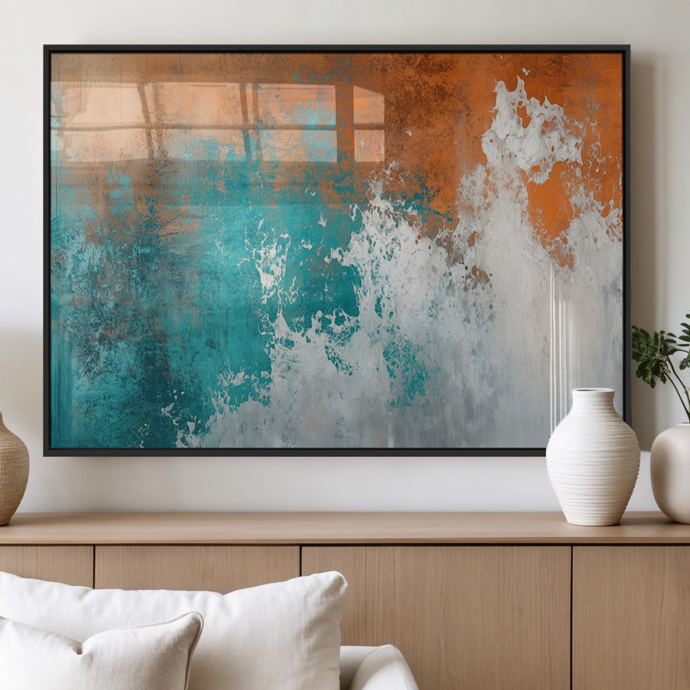 MGV-FP-36X24-3P - Vintage Abstract Print - Bold Teal and Orange Canvas Wall Art - Retro-Vintage Abstract Orange Canvas