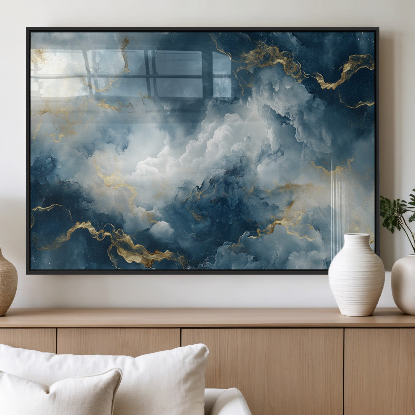 MGV-FP-60X30-3P - Large Abstract Print - Luxe Blue and Gold Abstract Canvas Wall Art - Bold Cloudscape Canvas for