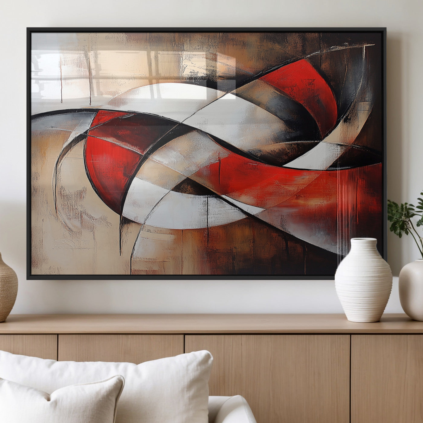 MGV-FP-60X30-3P - Abstract Wall Art - Modern Red and White Canvas Wall Art Print - Bold Geometric Abstract Canvas for