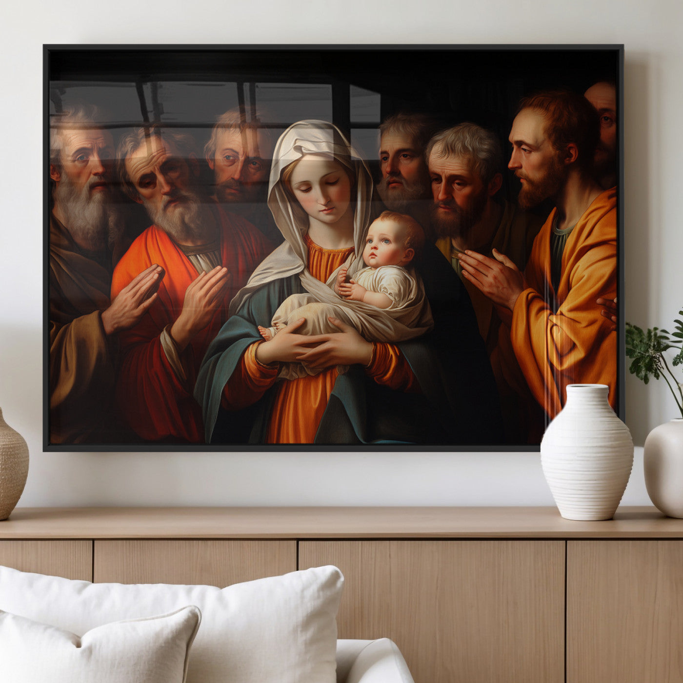 MGV-FP-60X30-3P - Religious Canvas Wall Art Print - Madonna and Child with Apostles Art Print - Classic Christian