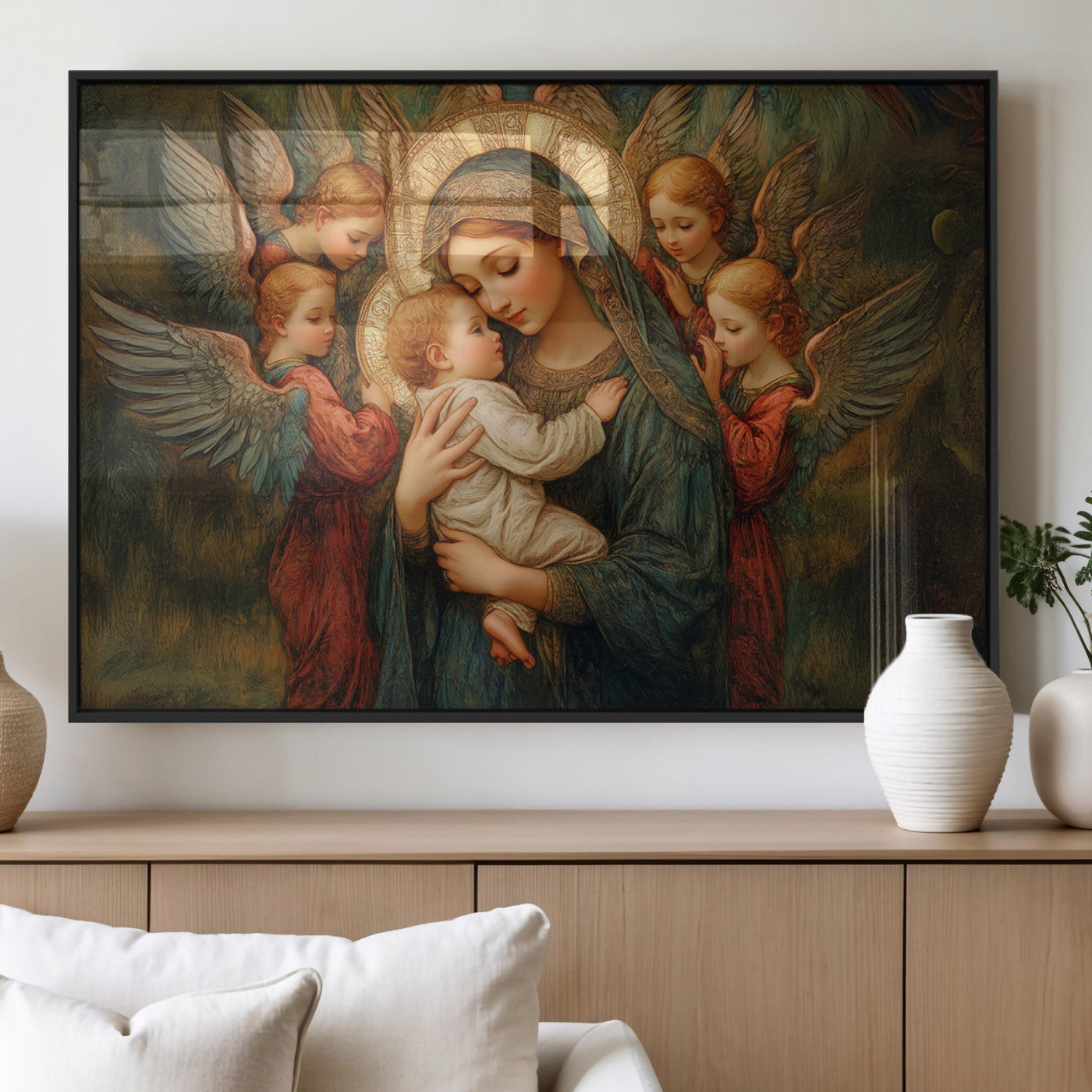 MGV-FP-60X30-3P - Mary Jesus Canvas Wall Art Print - Madonna and Child with Angels Art Print - Classic Christian