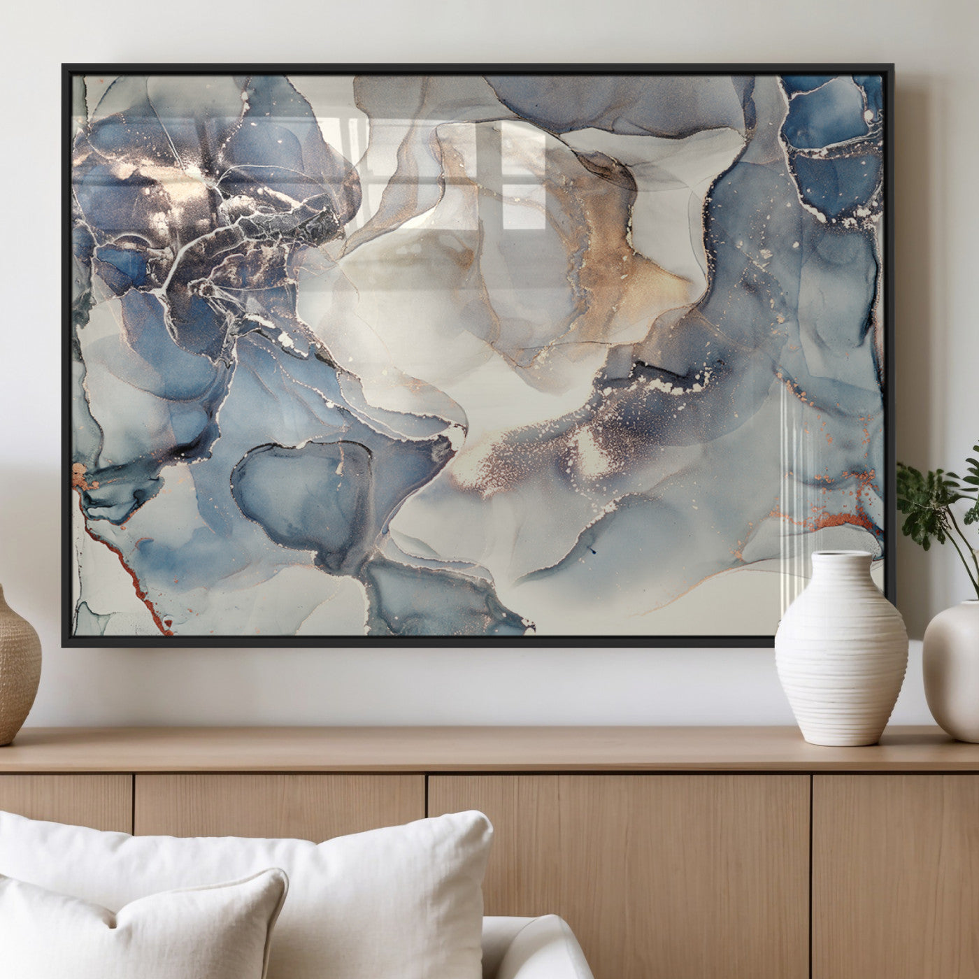 MGV-FP-36X24-3P - Abstract Blue and Gold Canvas Wall Art - Fluid Modern Ink Artwork - Modern Luxury Wall Decor for