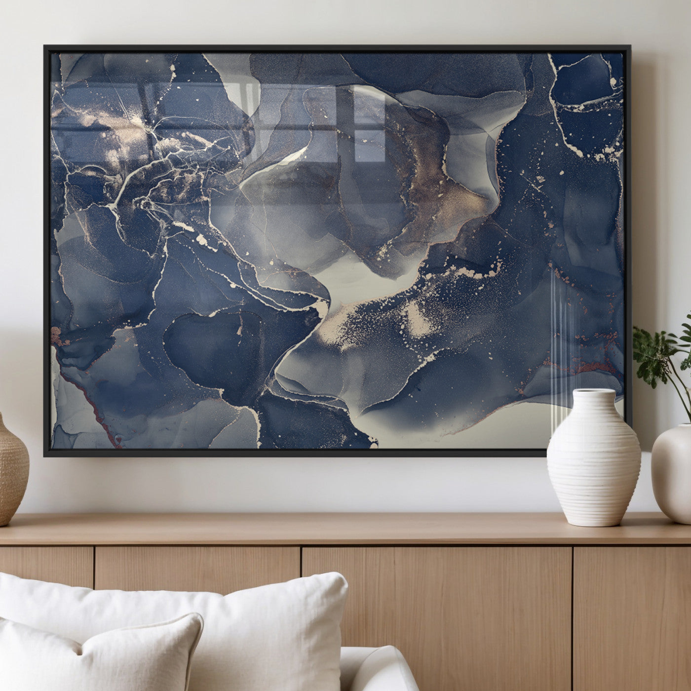 MGV-FP-36X24-3P - Large Abstract Blue and Gold Canvas Wall Art | Fluid Ink Artwork Print | Luxury Wall Decor for