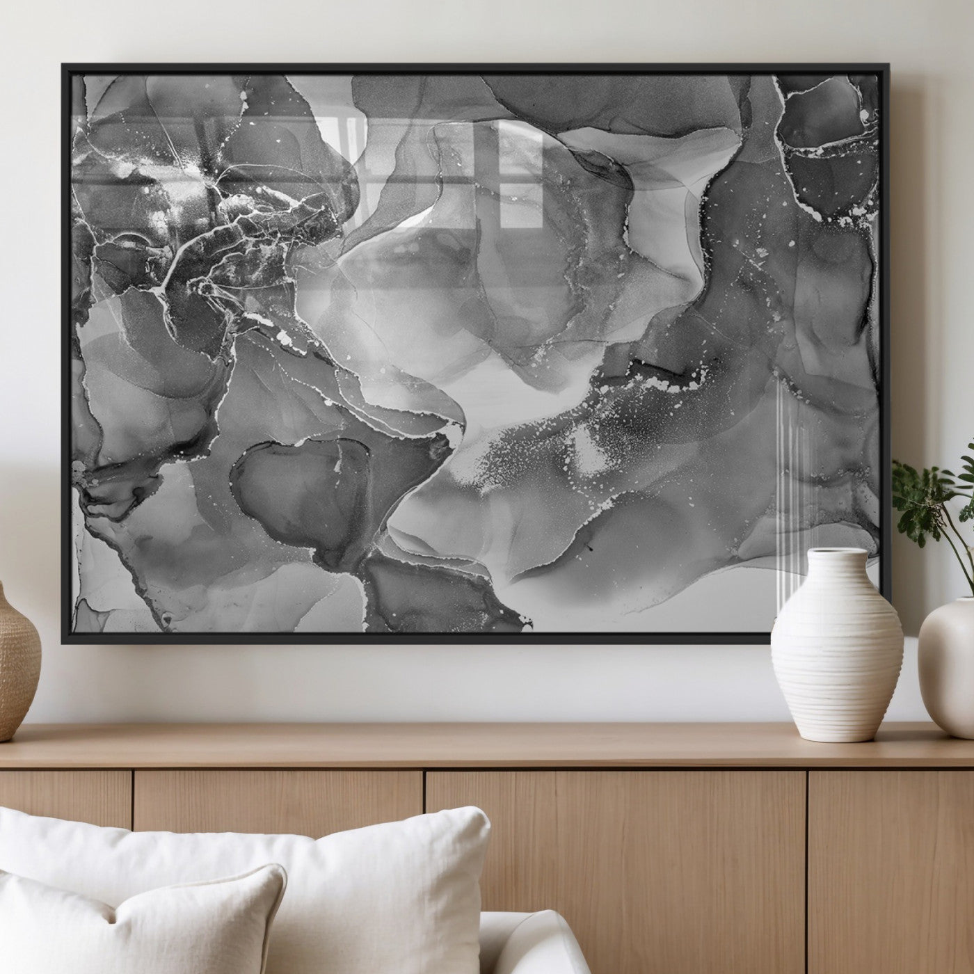MGV-FP-36X24-3P - Black White Abstract Canvas Wall Art - Fluid Ink Artwork - Modern Luxury Wall Decor for Contemporary