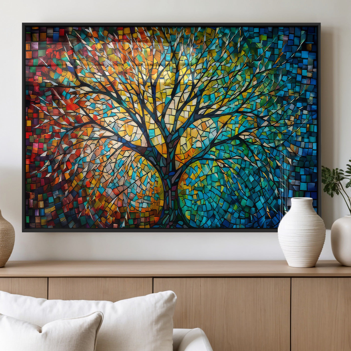 99325-MGV-FP-60X30-3P_Black-Yggdrasil Tree of Life Wall Art Print Canvas | Mosaic Style 3-Panel Canvas Print