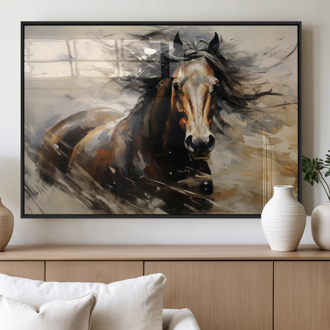 MGV-FP-60X30-3P - Abstract Wall Art Horse Print - Large Western Horse Canvas - Farmhouse Woodland Wall Art - Framed