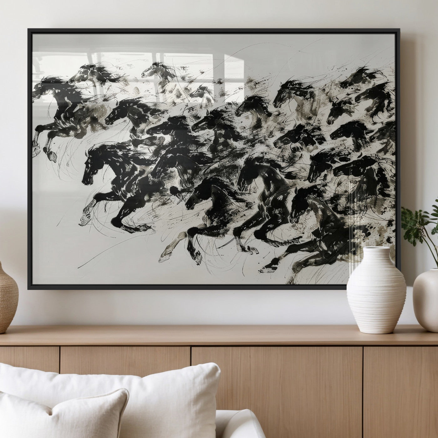 MGV-FP-60X30-3P - Abstract Horse Wall Art Canvas Print - Dynamic Black Ink Horse Print - Modern Equine Wall Decor for
