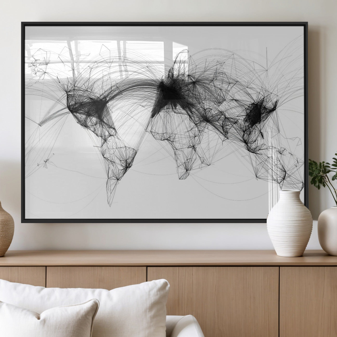 50136-MGV-FP-36X24-3P_Black-Abstract World Map Wall Art – Framed Geometric Line Canvas Artwork, Modern Global Design, Contemporary Decor for Home, Office