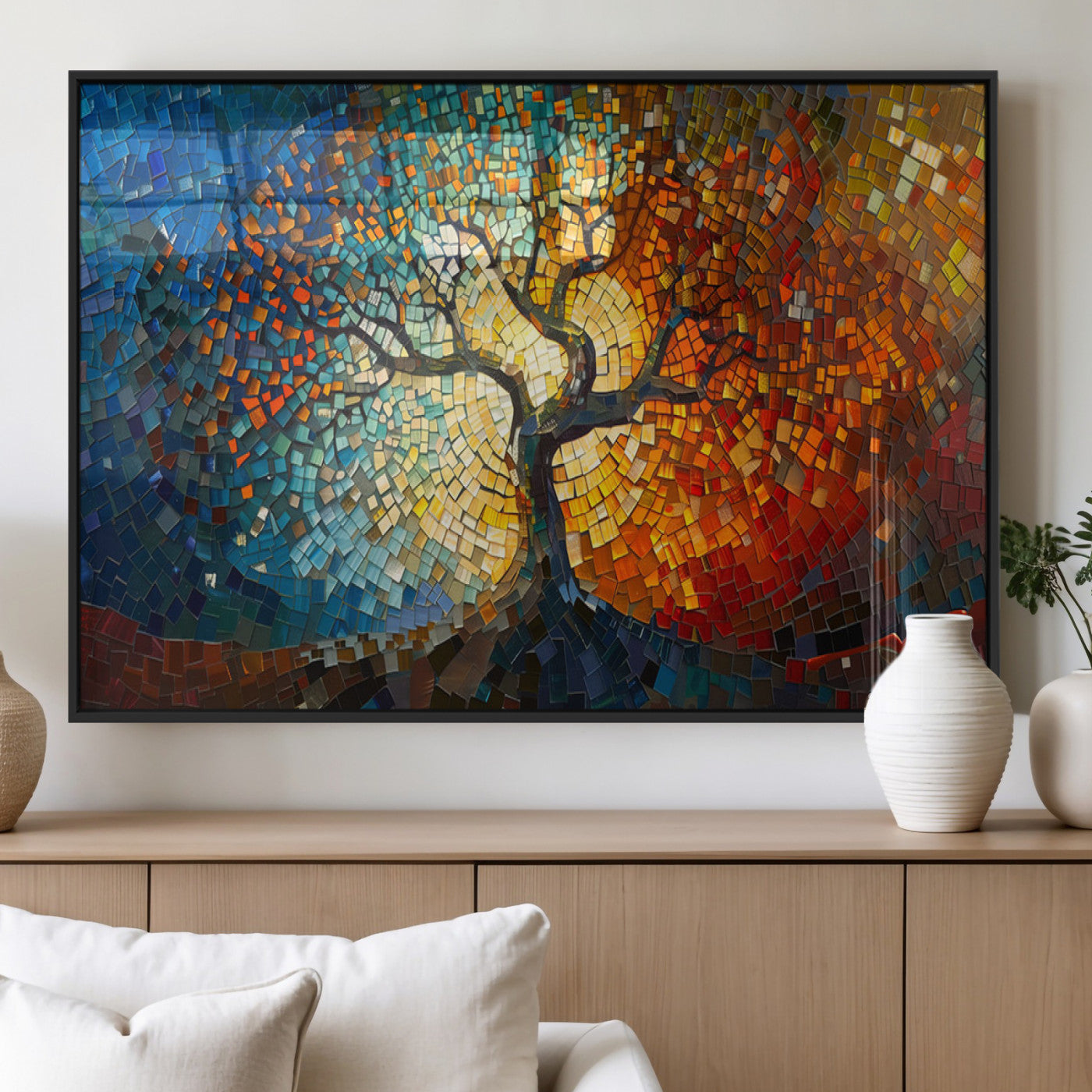 MGV-FP-36X24-3P - Mosaic Tree Canvas Wall Art Canvas Print – Vibrant Stained Glass-Inspired Tree of Life - Ready to