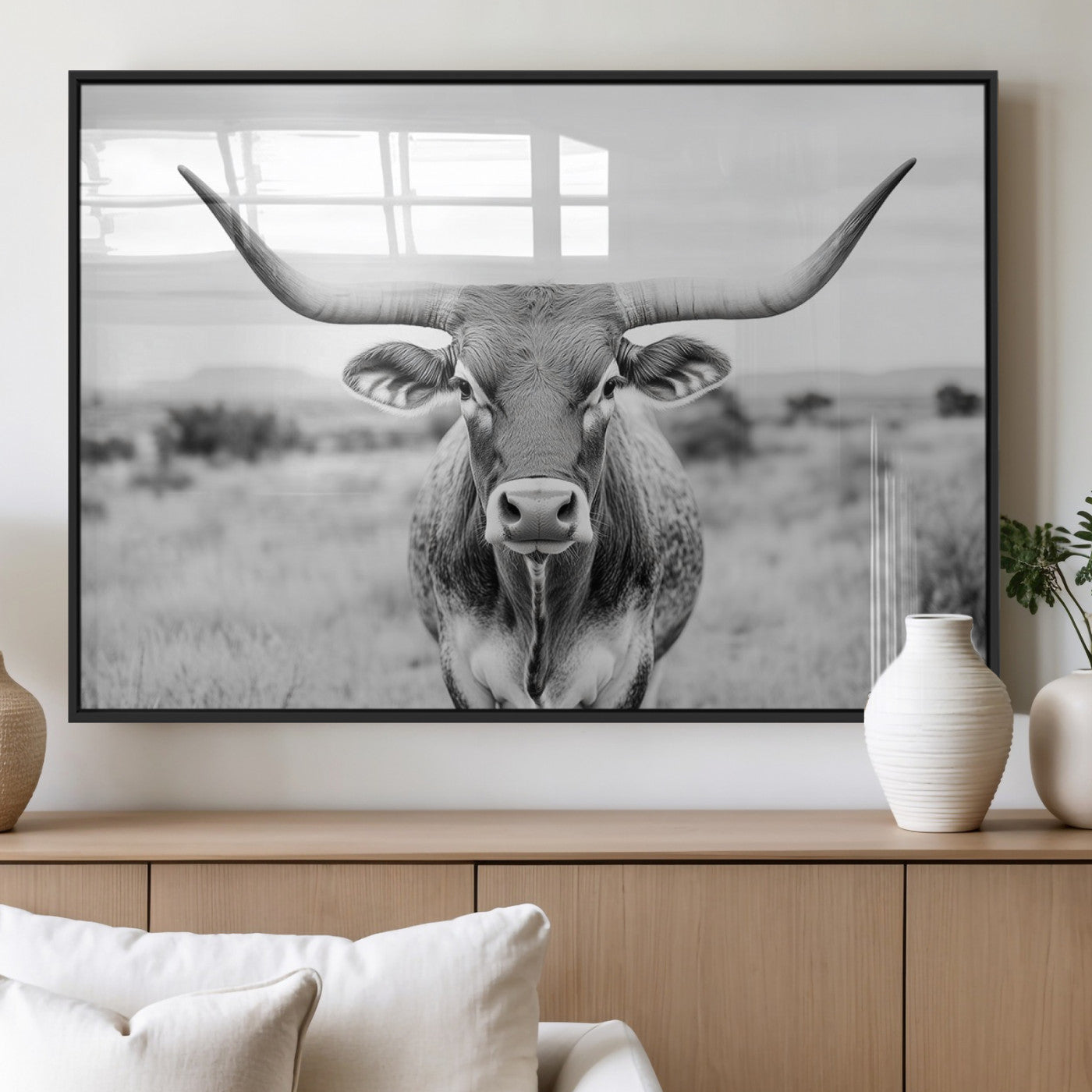 MGV-FP-60X30-3P - Highland Cow Wall Art Print - Black and White Texas Western Longhorn Canvas - Farmhouse Decor Print