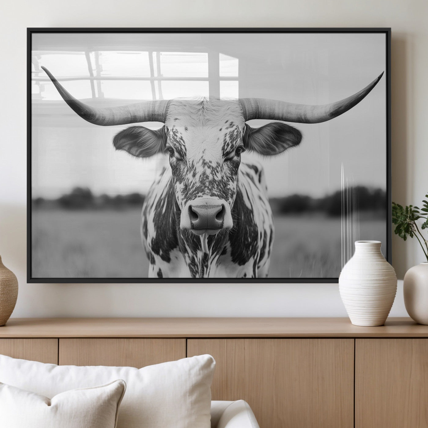 MGV-FP-60X30-3P - Highland Cow Wall Art - Black and White Western Longhorn Canvas Print - Farmhouse Living Room Decor