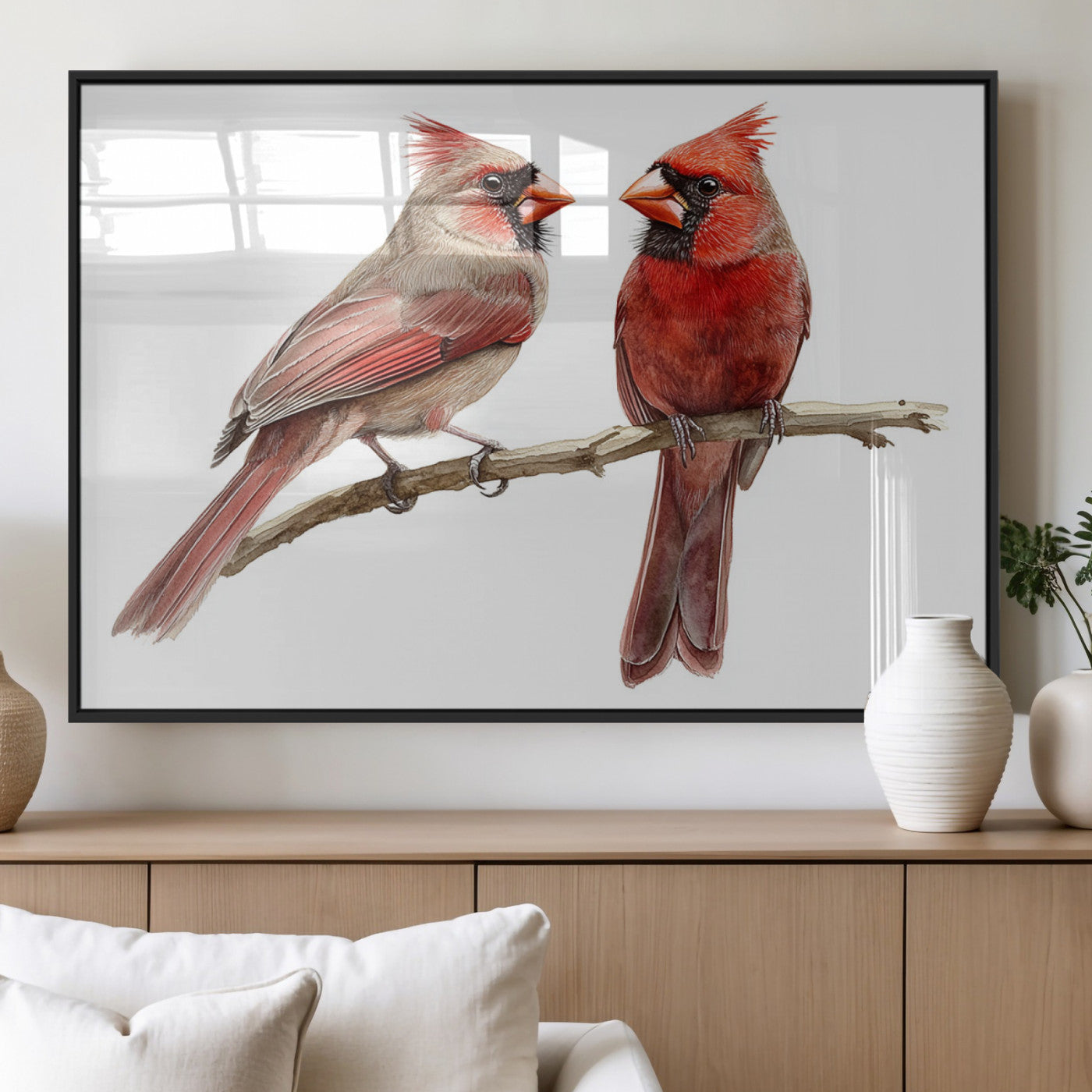 MGV-FP-60X30-3P - Cardinal Bird Canvas Wall Art - Male and Female Cardinal Print - Abstract Bird Wall Decor for Home -