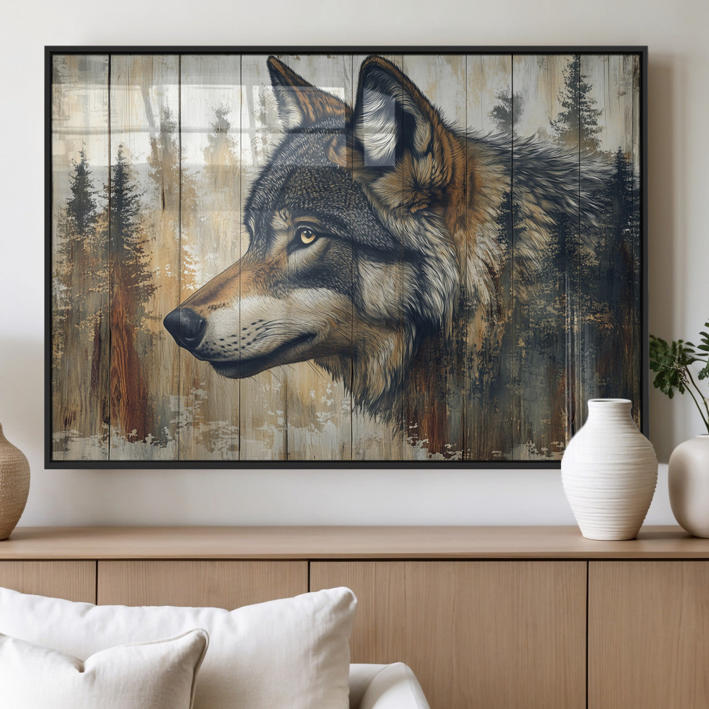 MGV-FP-60X30-3P - Rustic Wolf Wall Art Canvas Print, Vintage Woodland Wolf Wall Art