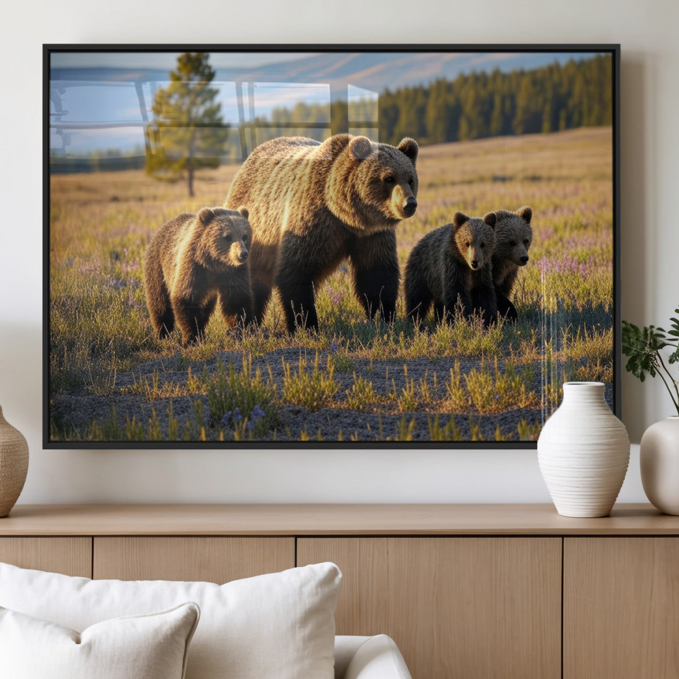 MGV-FP-60X30-3P - Grizzly 399 in Wild Flowers Wall Art Canvas Print, Grizzly Bears Wall Art, Queen of Grand Teton