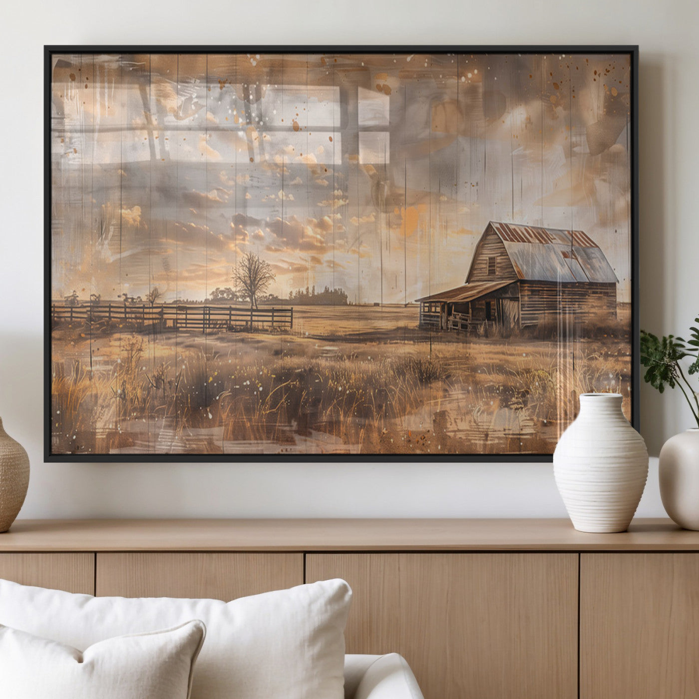 MGV-FP-60X30-3P - Rustic Farmhouse Wall Art Canvas Print | Barn and Field Canvas Print | Vintage Country Landscape