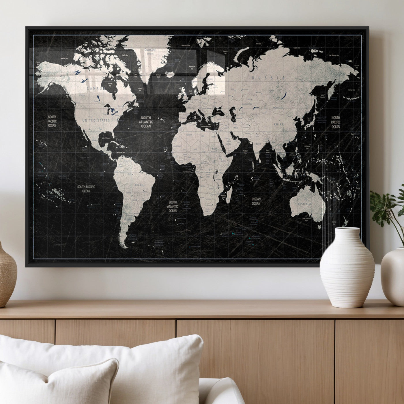 MGV-FP-60X30-3P - Push Pin World Map Canvas Print – Framed Wall Art for Couples to Track Their Travels – Anniversary