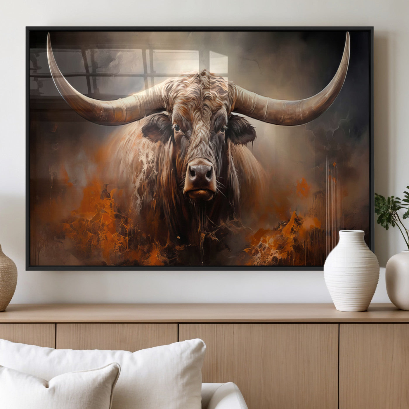 MGV-FP-60X30-3P - Highland Bull Canvas Abstract Canvas Wall Art Print – Powerful Highland Bull with Striking Horns in