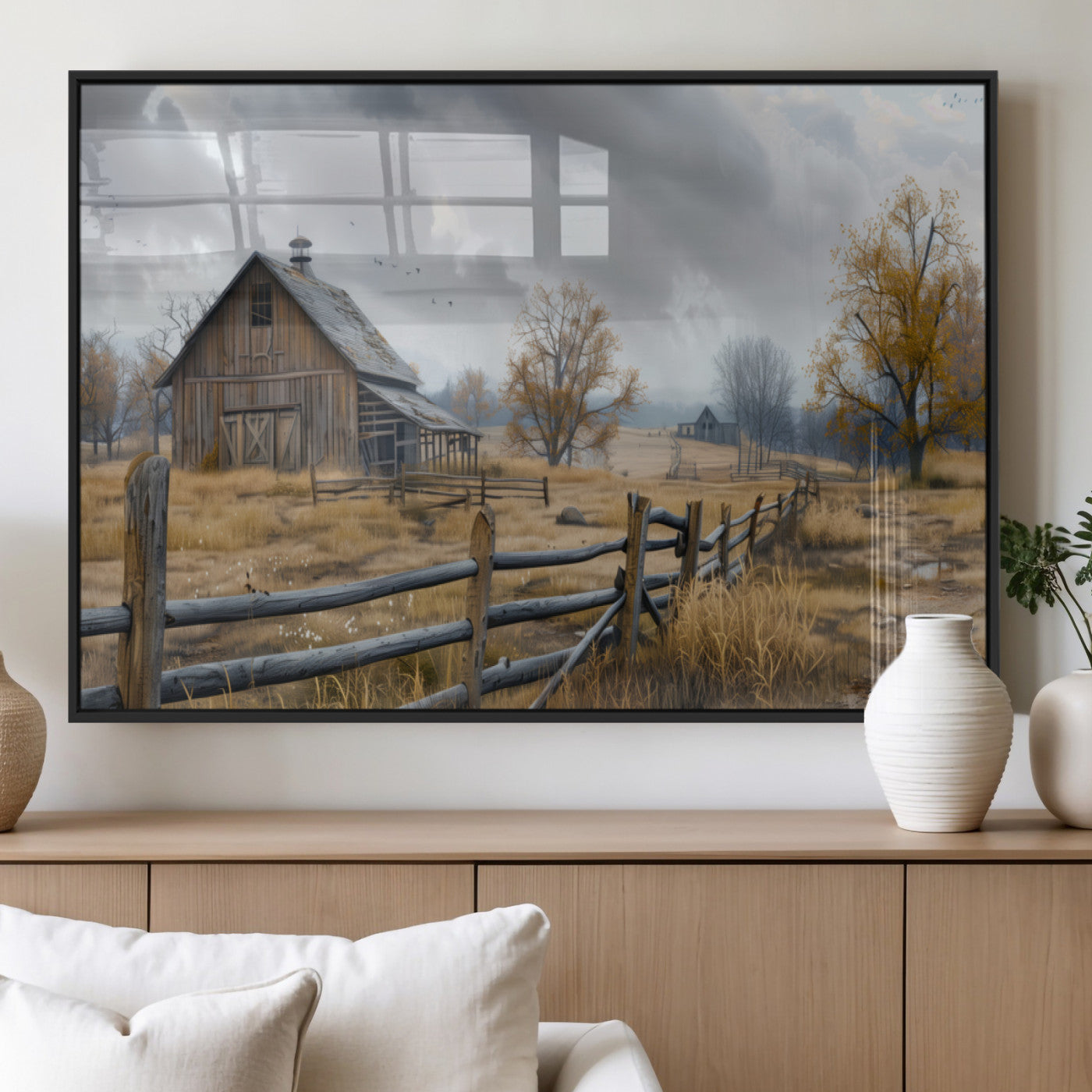 MGV-FP-60X30-3P - Rustic Autumn Farmhouse Wall Art Canvas Print – Serene Countryside Scene with Weathered Barn and