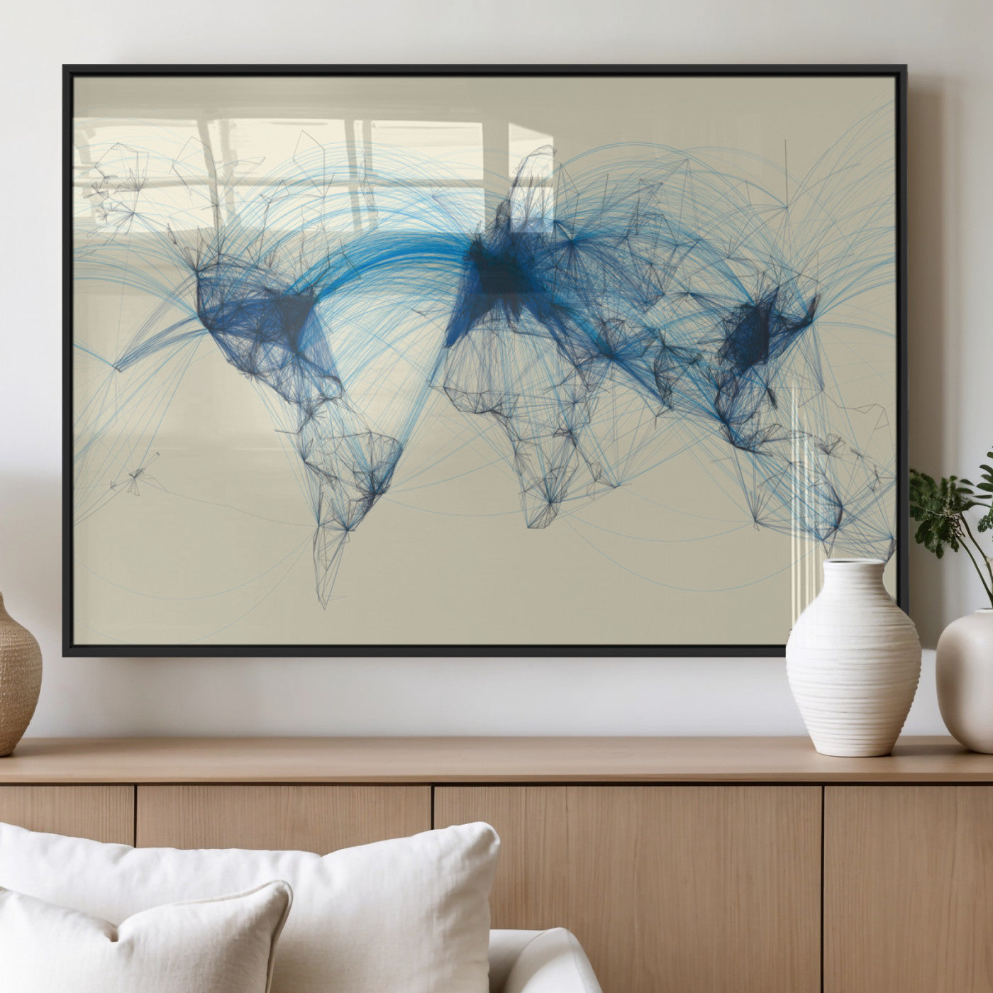 MGV-FP-36X24-3P - Flight Routes Map art Air Traffic Avi World Map with Blue Connections Canvas Wall Art – Modern