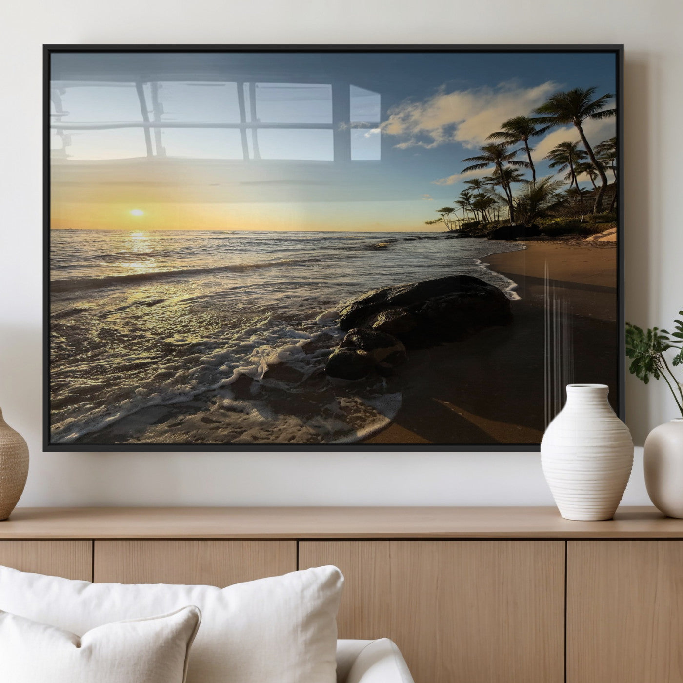 MGV-FP-60X30-3P - Tropical Beach Wall Art - Stunning Ocean Sunset Canvas Print with Palm Tree Design for Relaxing and