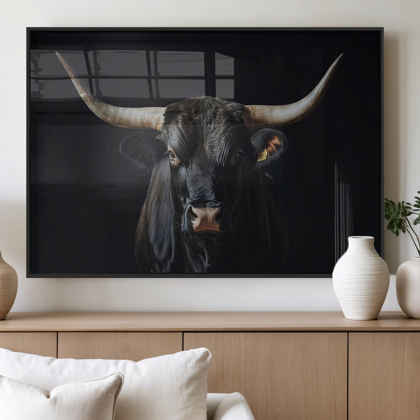 48065167-MGV-FP-36X24-3P_Black-Majestic Longhorn Bull Wall Art Canvas Print – Dark Background Western Ranch Portrait Artwork for Home, Office