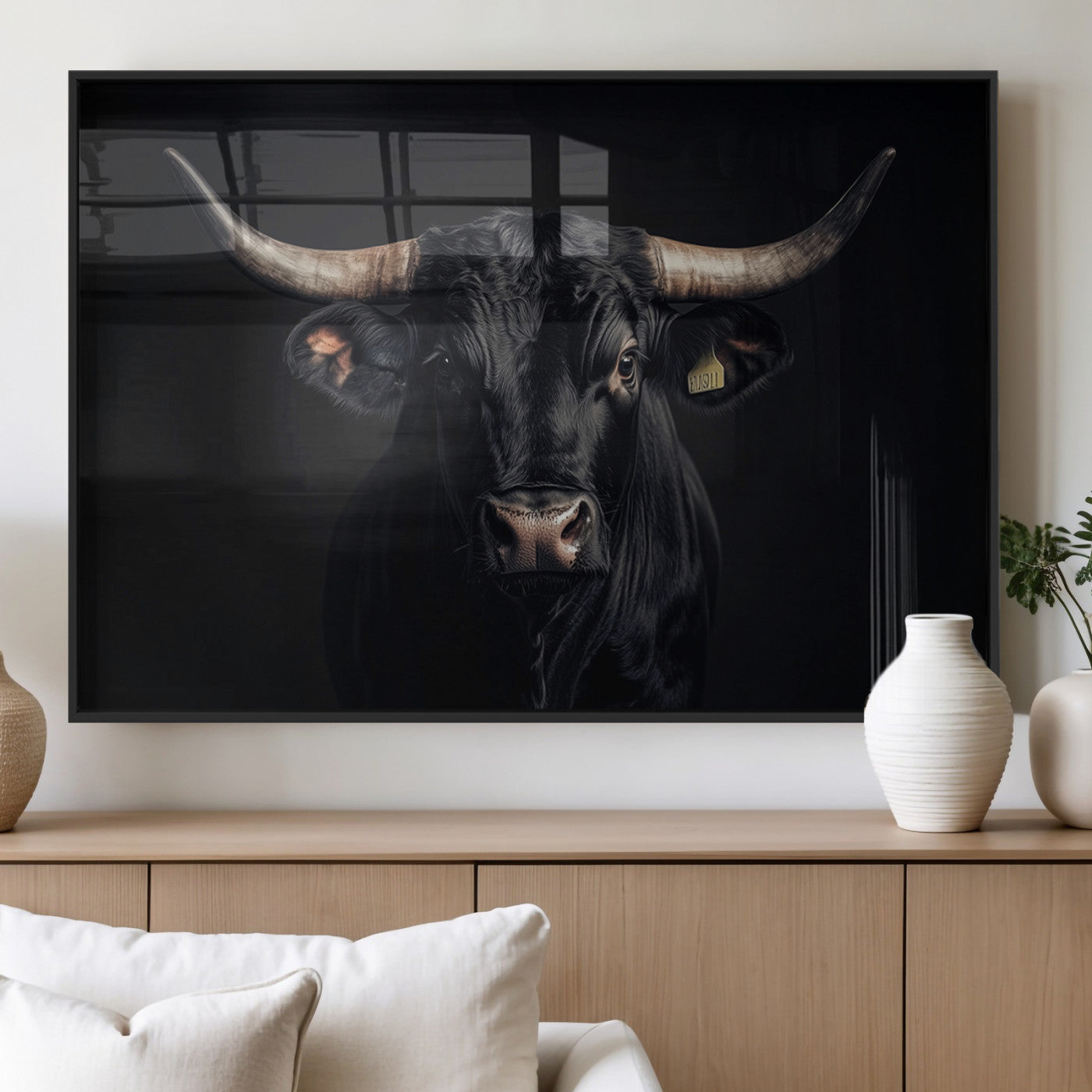 MGV-FP-36X24-3P - Black Bull Wall Art – Framed Horned Bull Canvas Artwork, Western Cattle Design, Rustic Ranch Style Decor for Home, Office