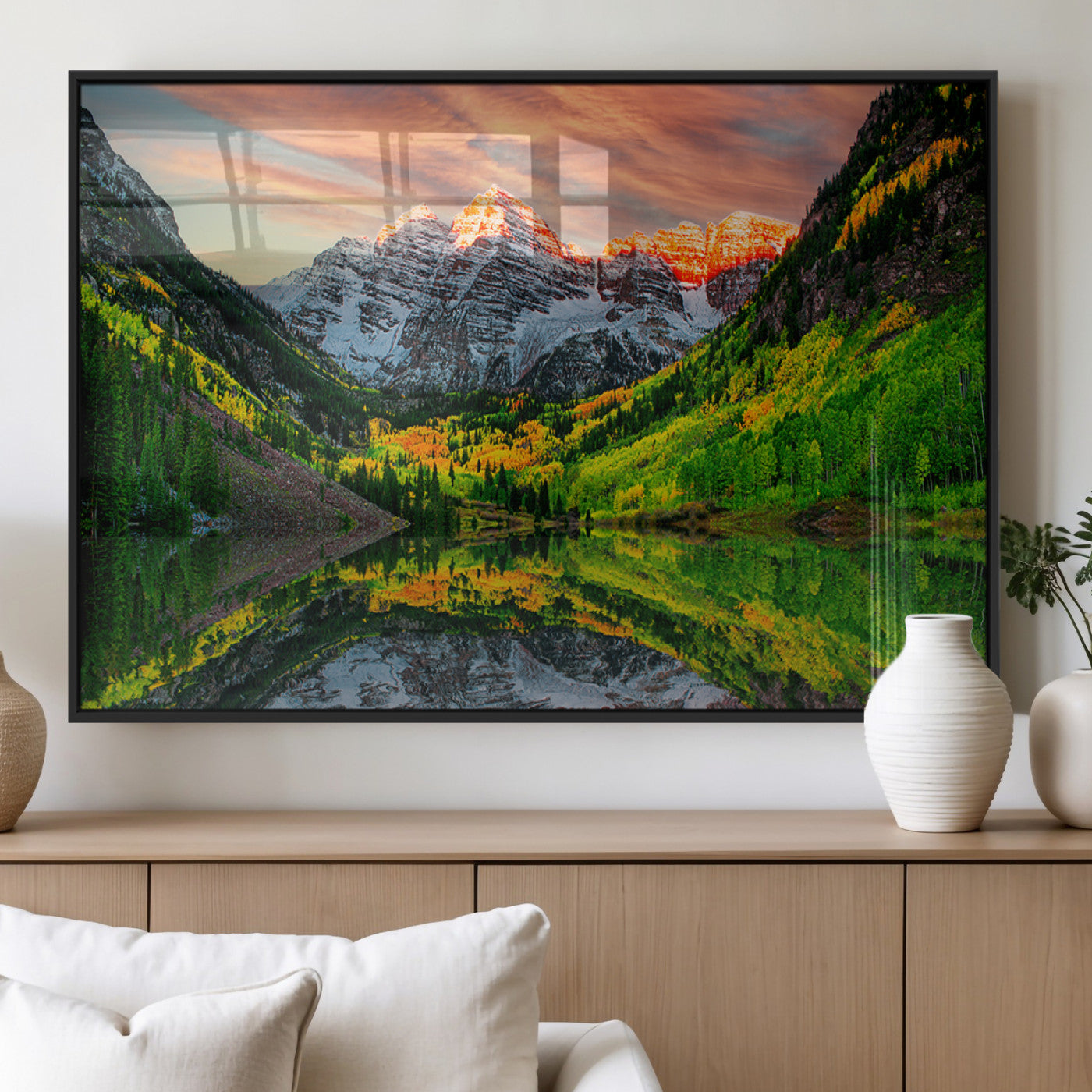 MGV-FP-60X30-3P - Maroon Bells Lake Wall Art Canvas Print – Majestic Colorado Mountain Landscape, Autumn Reflection,