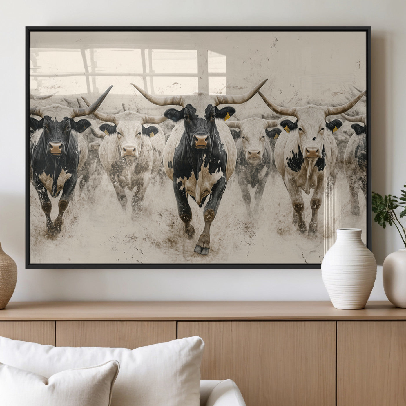MGV-FP-36X24-3P - Cream Dust Longhorn Wall Art – Canvas Print of Western Herd Stampede, Dynamic Charge, Rustic Prairie Motion, Bold Nature Farm Decor