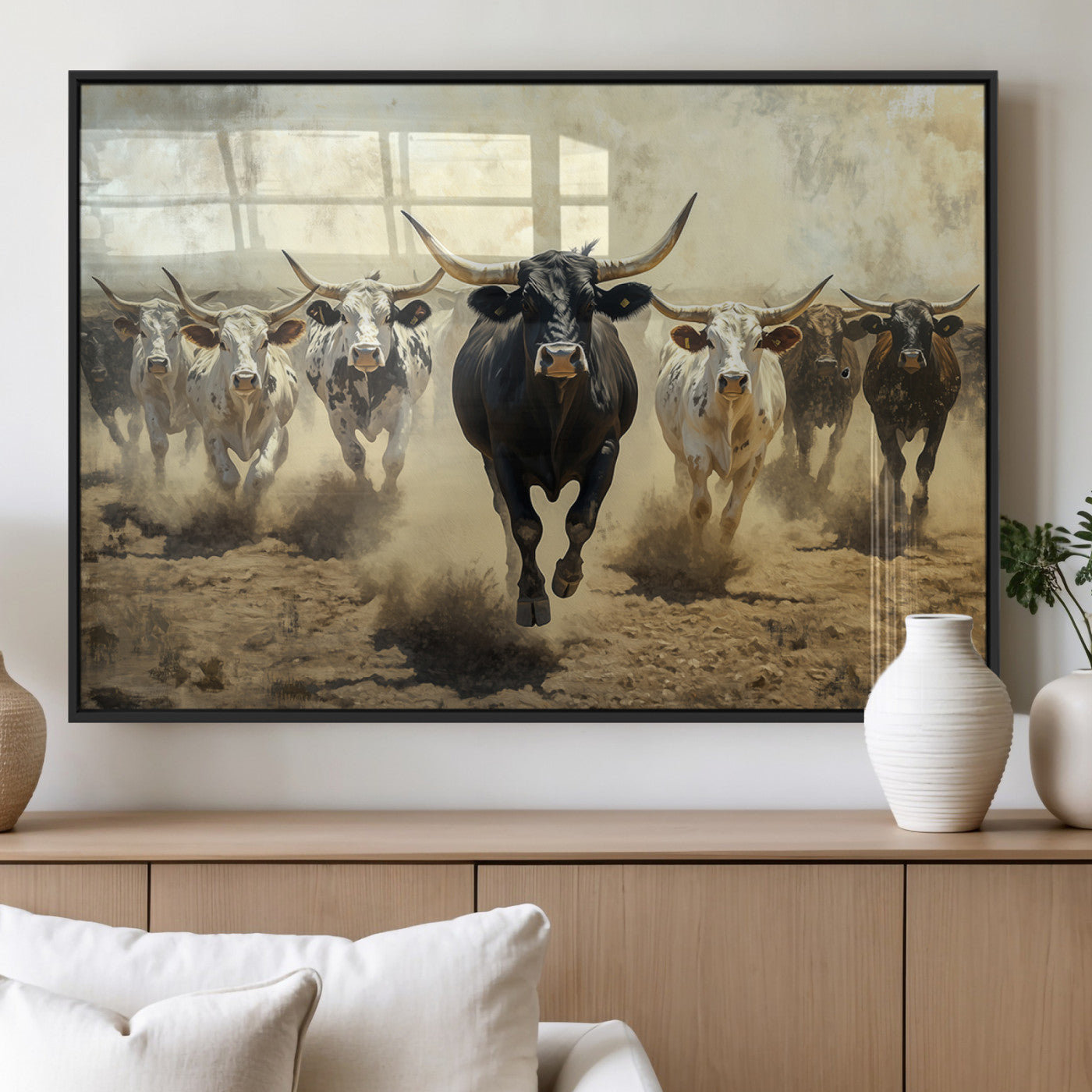 MGV-FP-36X24-3P - Running Cattle Wall Art – Canvas Print of Western Herd, Dust Stampede, Longhorns, Wild West Ranch, Bold Rustic Farm Decor for Home or Office