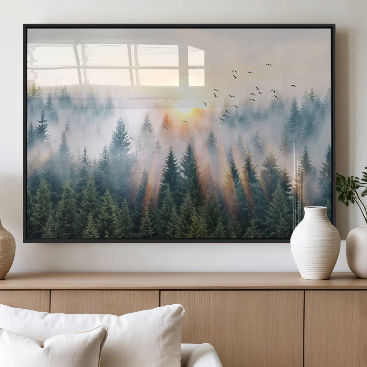 MGV-FP-60X30-3P - Misty Pine Forest Wall Art Canvas, Sunrise Over Foggy Trees Canvas for Home - Office, Framed