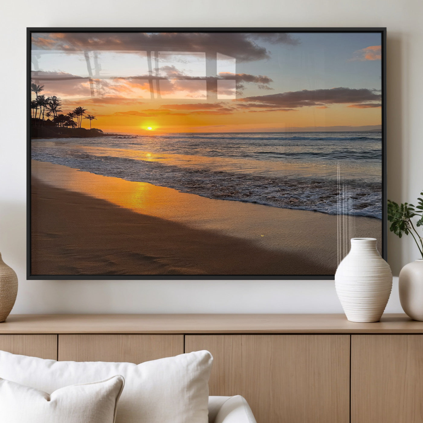 MGV-FP-36X24-3P - Sunset Glow Wall Art – Canvas Print of Ocean Breeze, Golden Sand, Tropical Palm Silhouettes, Tranquil Waves, Beach Nature Decor for Home