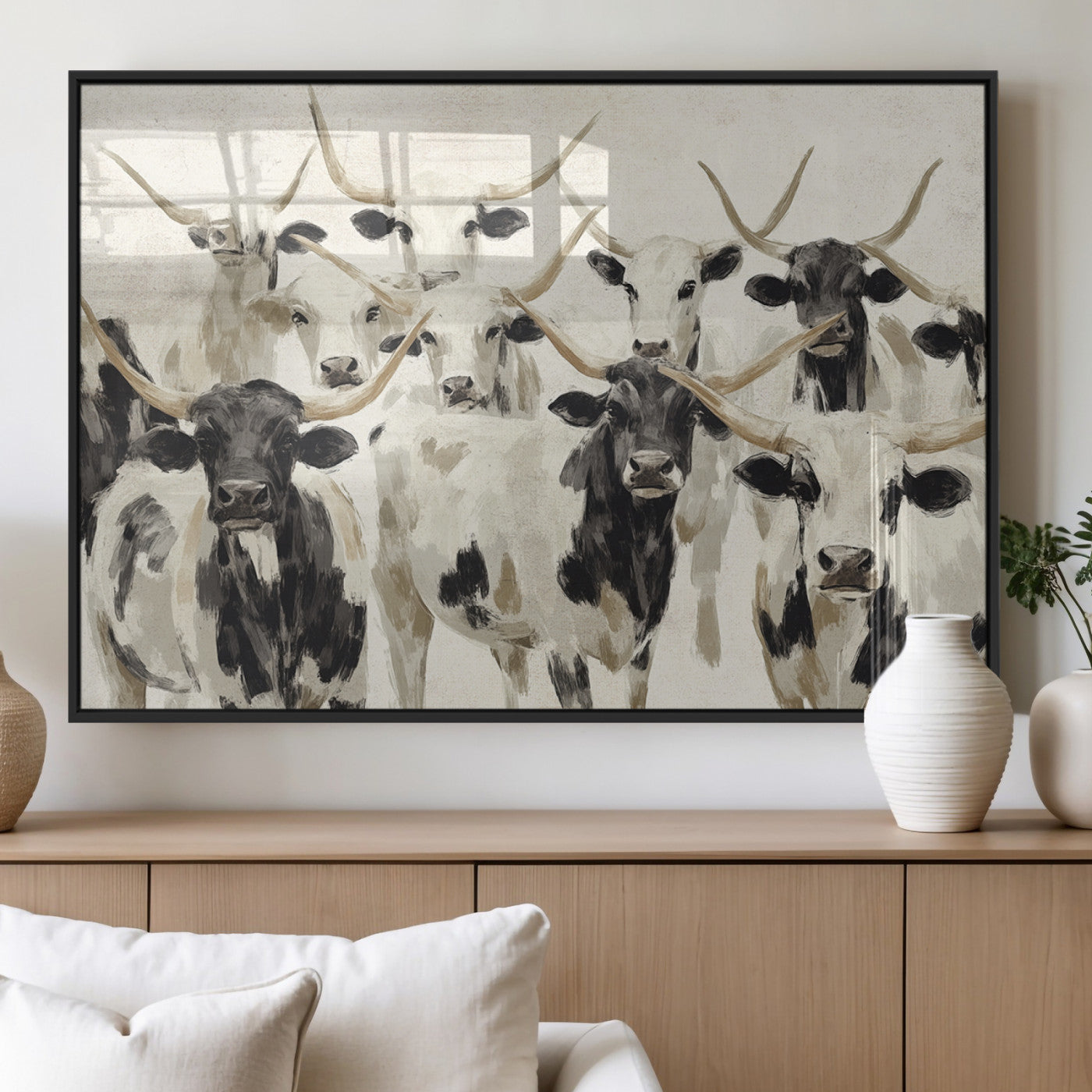 MGV-FP-60X30-3P - Longhorn Texas Cow Drawing Abstract Wall Art Canvas Print for Farmhouse Decor, Texas Bull Printing
