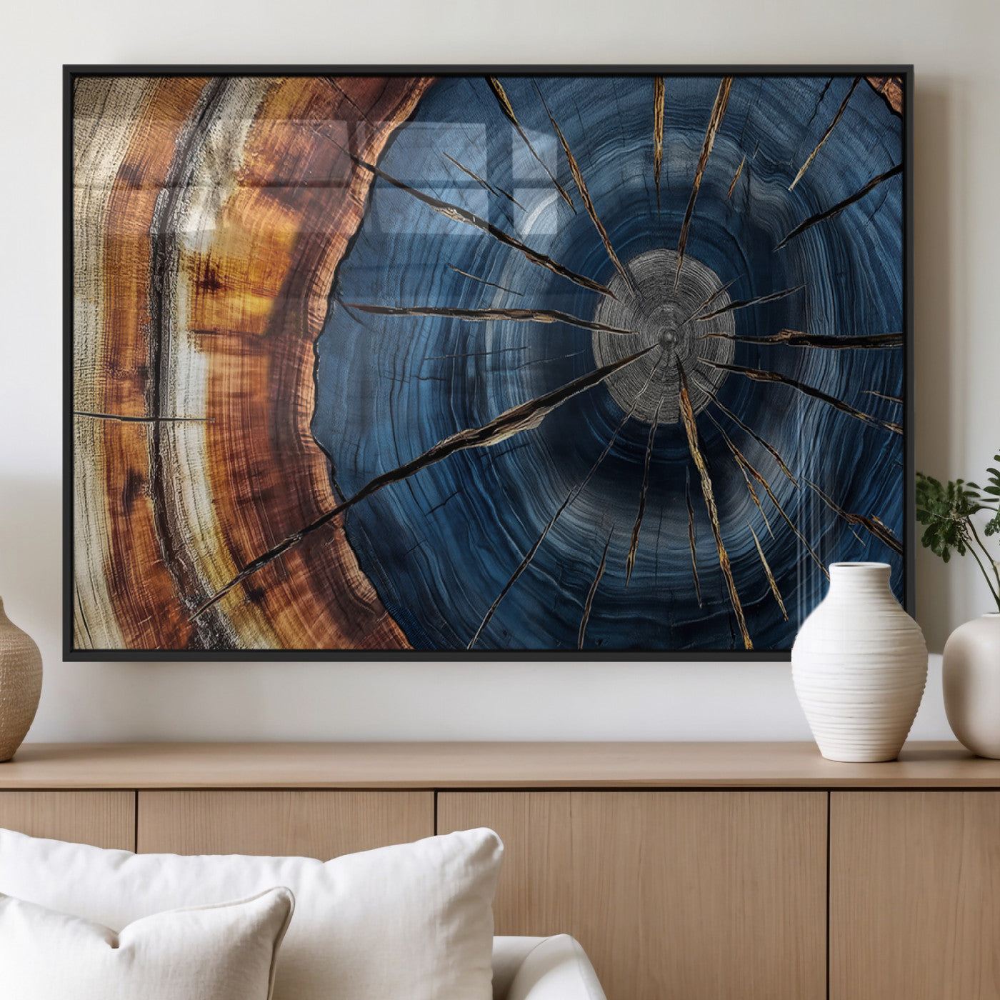 MGV-FP-36X24-3P - Framed Abstract Tree Ring Wall Art Print, Natural Rustic Wood Texture Canvas Print, Wood Tree Stump