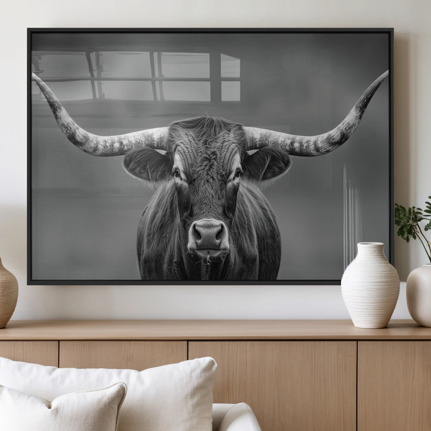 MGV-FP-36X24-3P - Framed Texas Longhorn Bull Art Canvas Print, Western Bull Wall Art Print, Long Horn Bull Photo Print