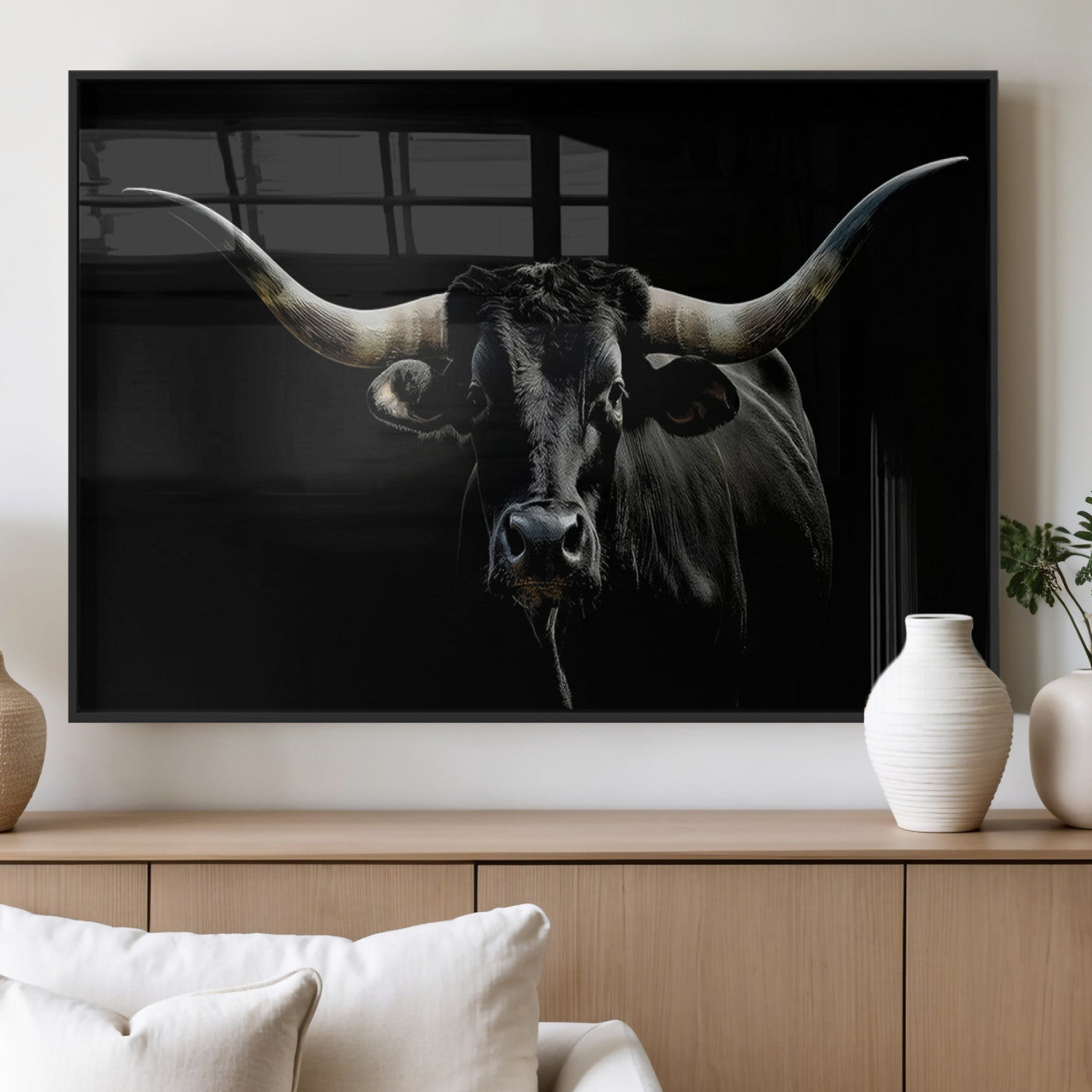 MGV-FP-60X30-3P - Texas Black Bull Wall Art Print, Longhorn Bull Canvas Wall Art