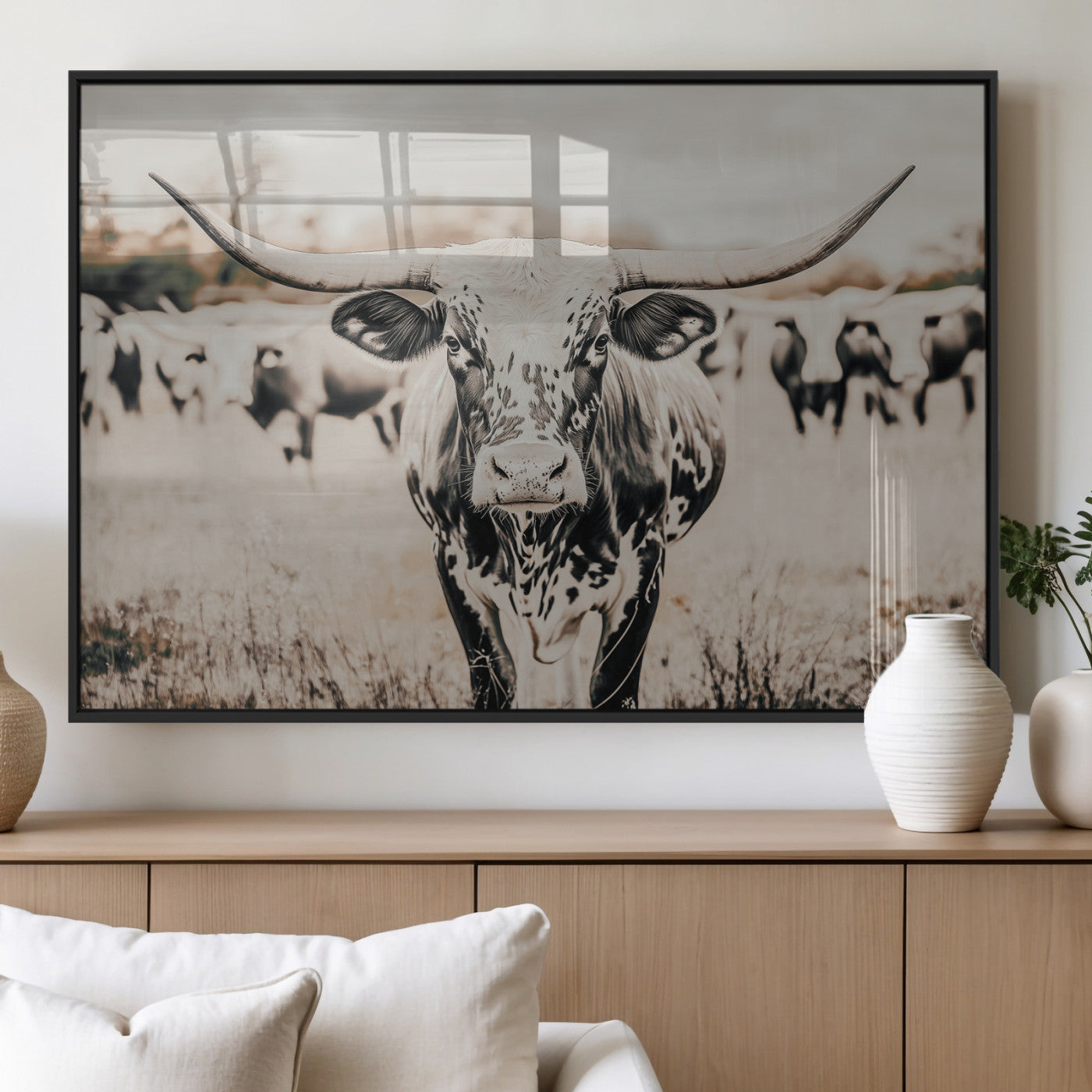 MGV-FP-60X30-3P - Texas Longhorn Wall Art Canvas Print, Framed Speckled Cow Art Picture Print, Horned Cattle Perfect Rustic Western Decor Artwork