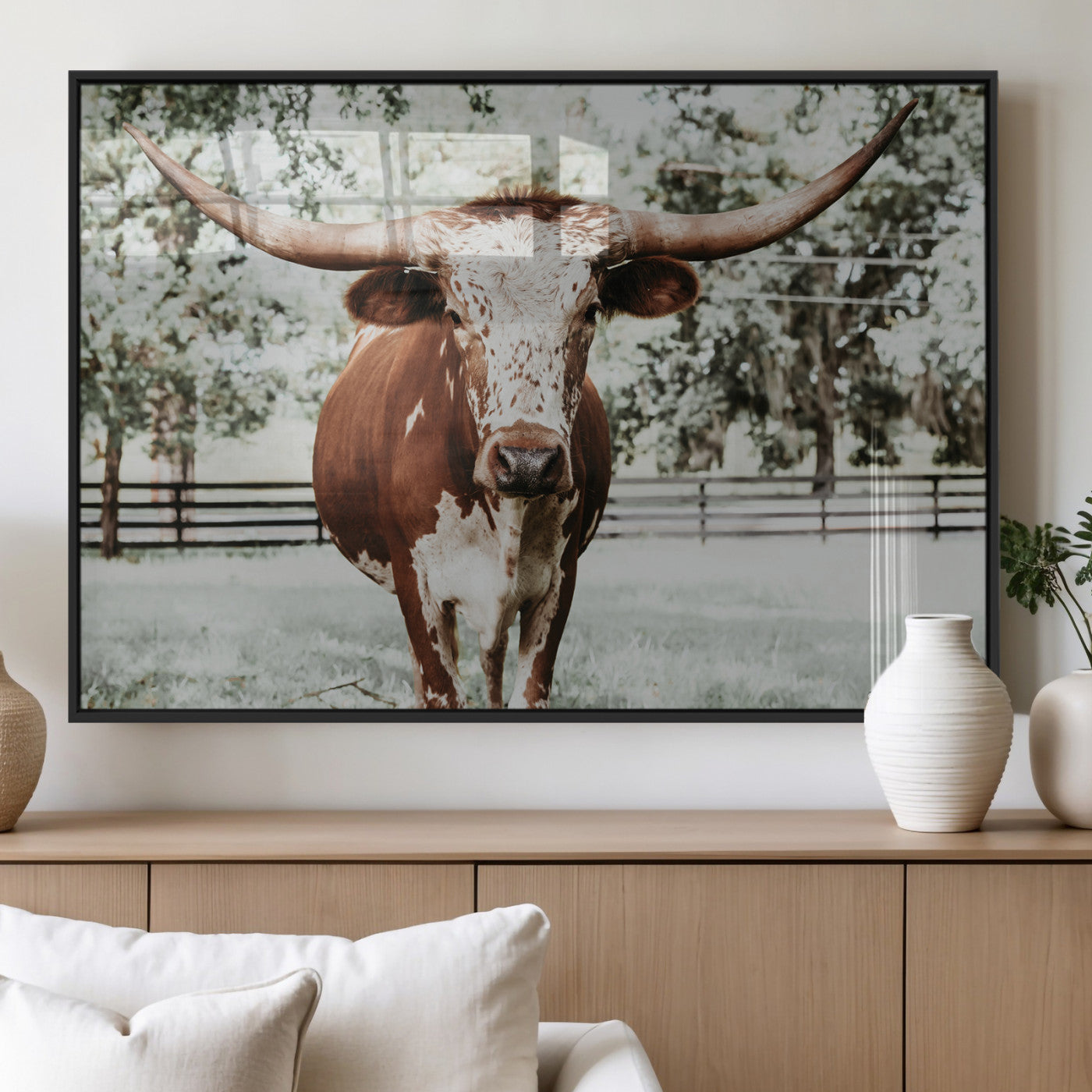 MGV-FP-60X30-3P - Texas Longhorn Wall Art Canvas Print, Framed Spotted Cow Art Picture Print, Horned Cattle Perfect Rustic Western Decor Artwork