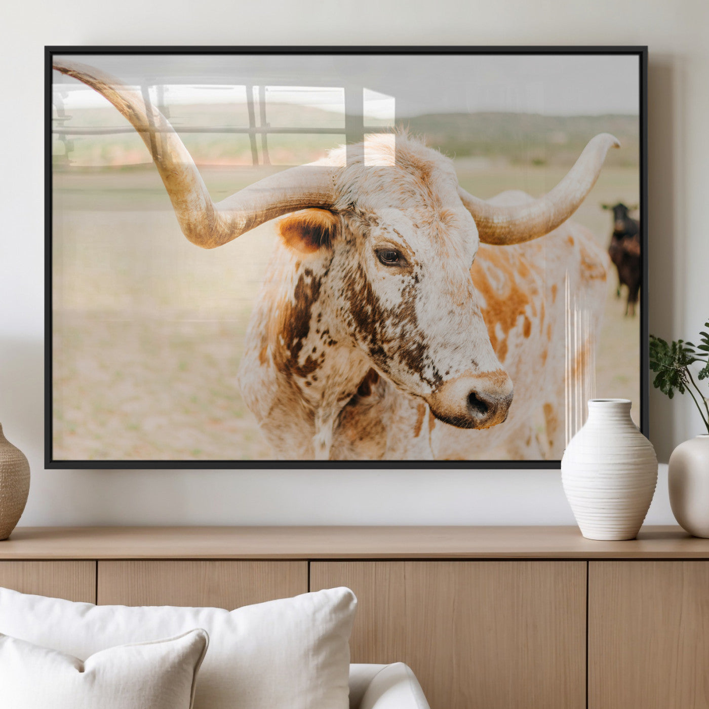MGV-FP-36X24-3P - Texas Longhorn Wall Art Canvas Print, Framed Spotted Cow Art Picture Print, Horned Cattle Perfect Rustic Western Decor Artwork