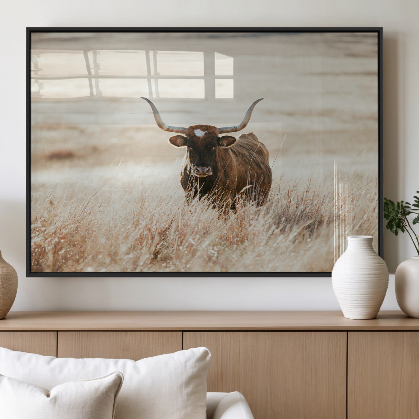 MGV-FP-60X30-3P - Texas Longhorn Wall Art Canvas Print, Framed Brown Cattle Art Picture Print, Horned Bull Perfect Rustic Western Decor Artwork