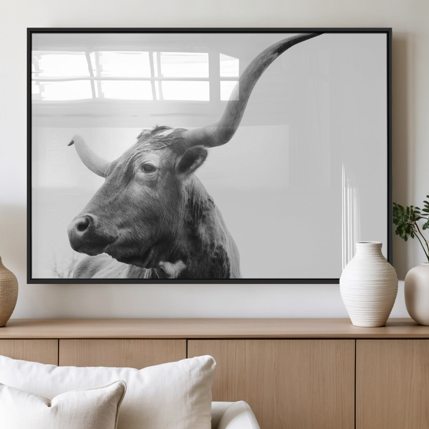 MGV-FP-60X30-3P - Longhorn Wall Art Wall Art Canvas Print, Framed Modern Ranch Style Art Art Picture Print, Monochrome Cow Print Perfect Rustic Western Decor Artwork