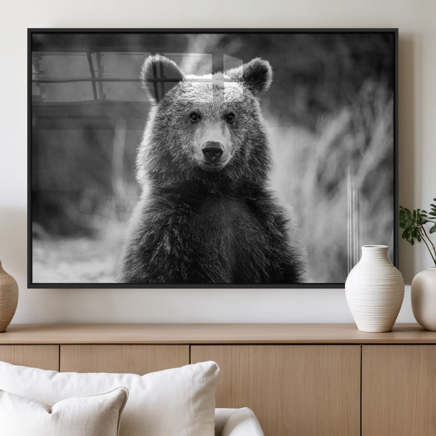 MGV-FP-60X30-3P - Grizzly Bear Wall Art Canvas Print, Framed Black White Bear Art Picture Print, Wild Bear Perfect Rustic Wildlife Decor Artwork