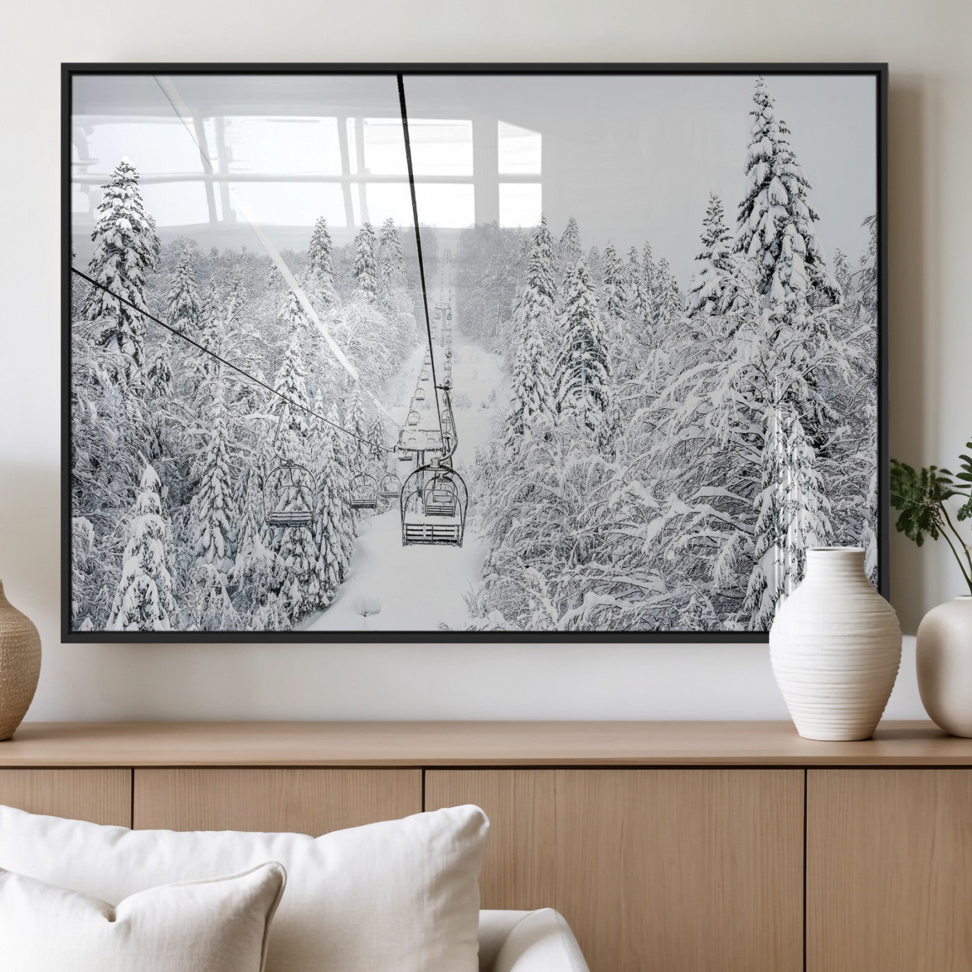 MGV-FP-60X30-3P - Snowy Mountains Wall Art Canvas Print, Framed Ski Lift Art Picture Print, Winter Forest Perfect