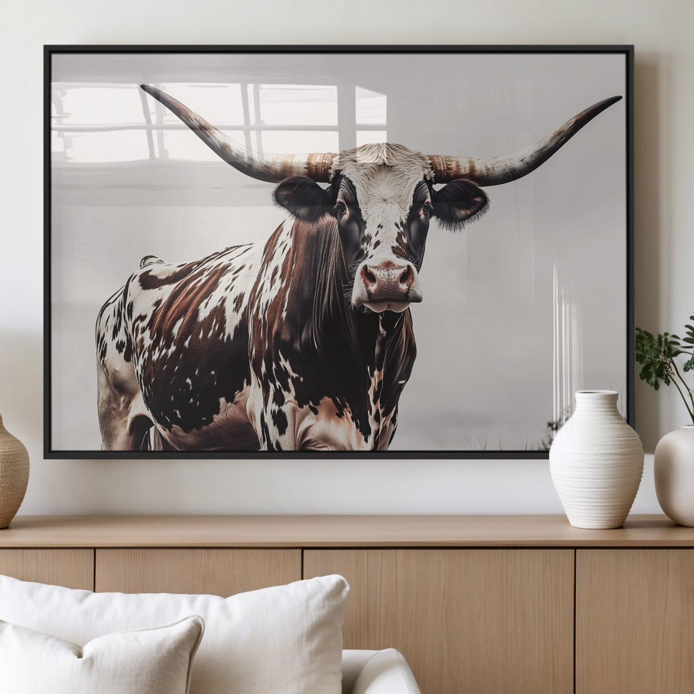 Close-up of a Texas Longhorn bull with powerful horns, perfect for rustic farmhouse or country-themed home decor. Ideal for animal lovers.